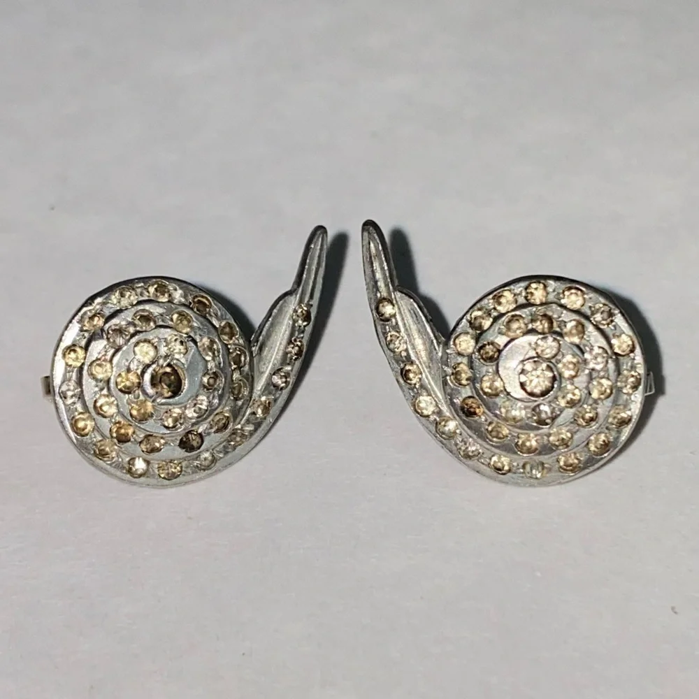 Vintage Art Deco Rhinestone Silver Earrings Swirl Clip‎ On 40s 50s Retro
